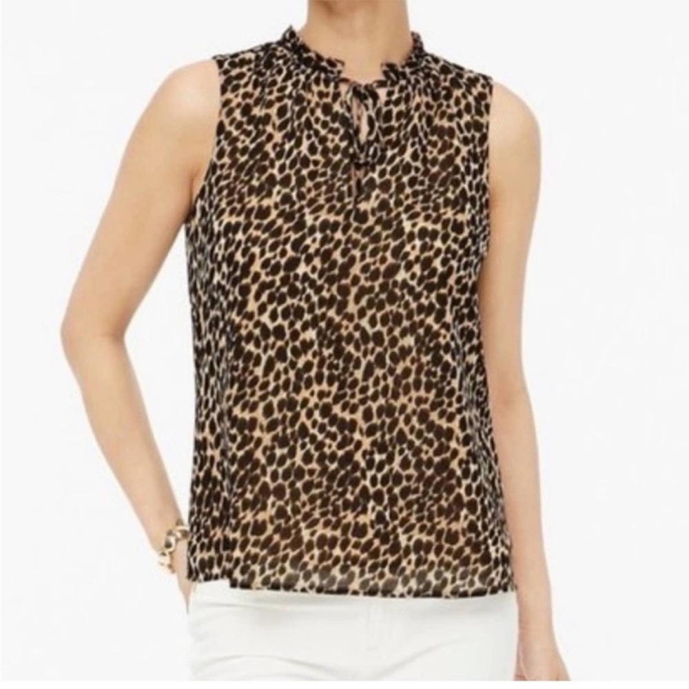 J Crew Leopard Animal Print Sleeveless Blouse Top Shirt Tie Ruffle‎ Size Small
